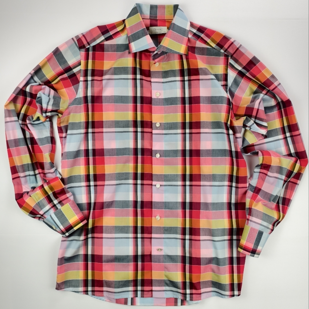 Eton Contemporary Fit Plaid Dress Shirt 16.5 Multicolor Check Work Casual Luxury